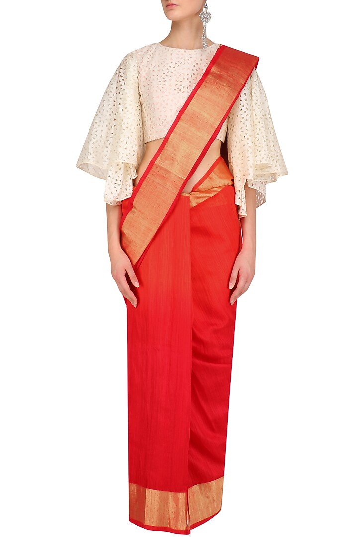 Red and gold printed motifs handloom saree available only at Pernia's Pop Up Shop.