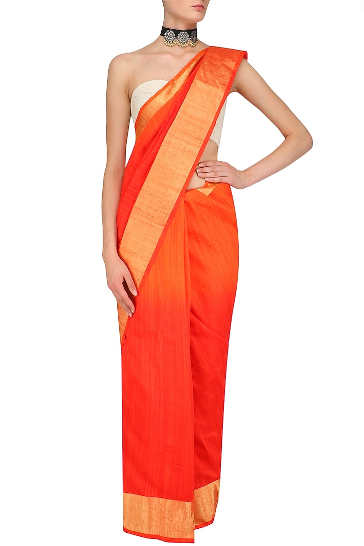 Orange and gold printed motifs handloom saree available only at Pernia's Pop Up Shop.