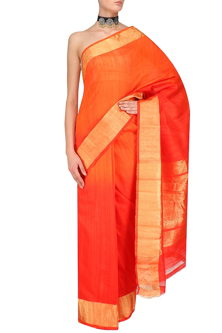 Orange and gold printed motifs handloom saree available only at Pernia's Pop Up Shop.