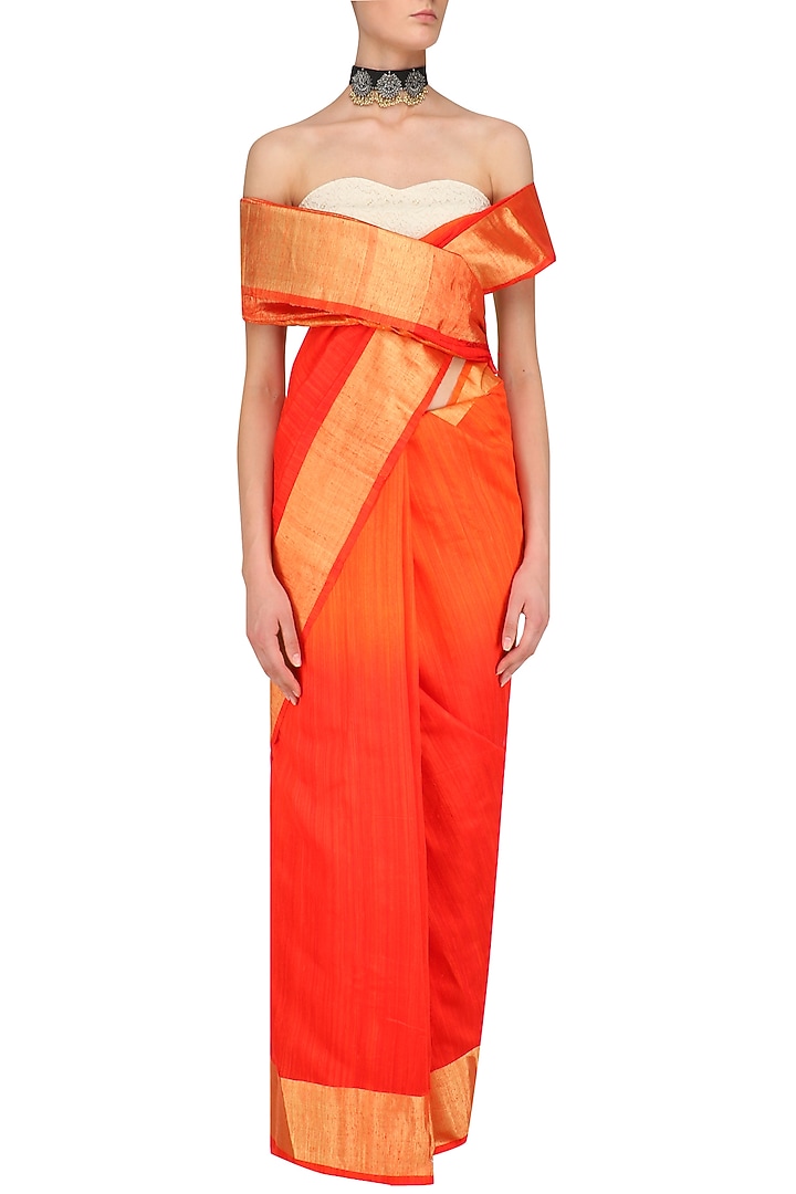 Orange and gold printed motifs handloom saree available only at Pernia's Pop Up Shop.