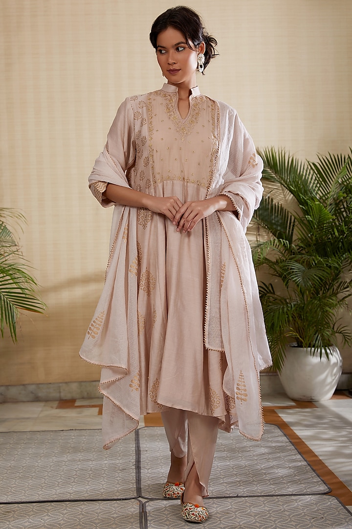Beige Silk Chanderi Printed & Hand Embroidered Kurta Set by Kefi Collections
