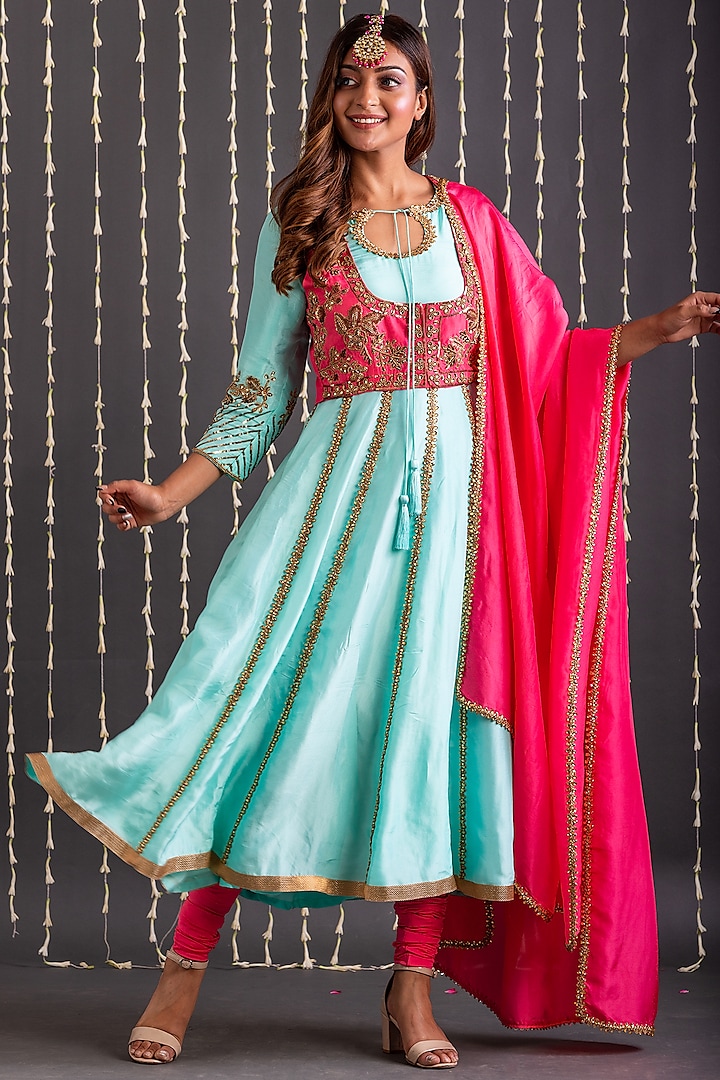 Blue Silk Blend Hand & Machine Embroidered Anarkali Set by Kefi Collections
