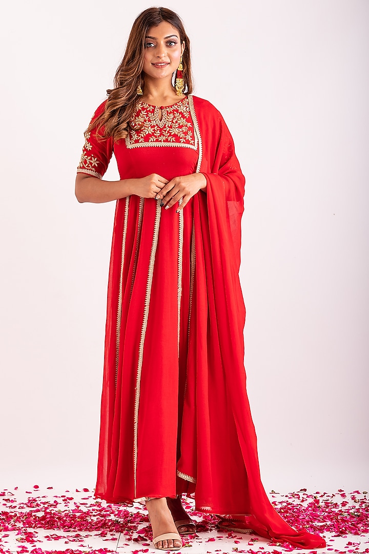 Red Viscose Georgette Hand & Machine Embroidered Anarkali Set by Kefi Collections