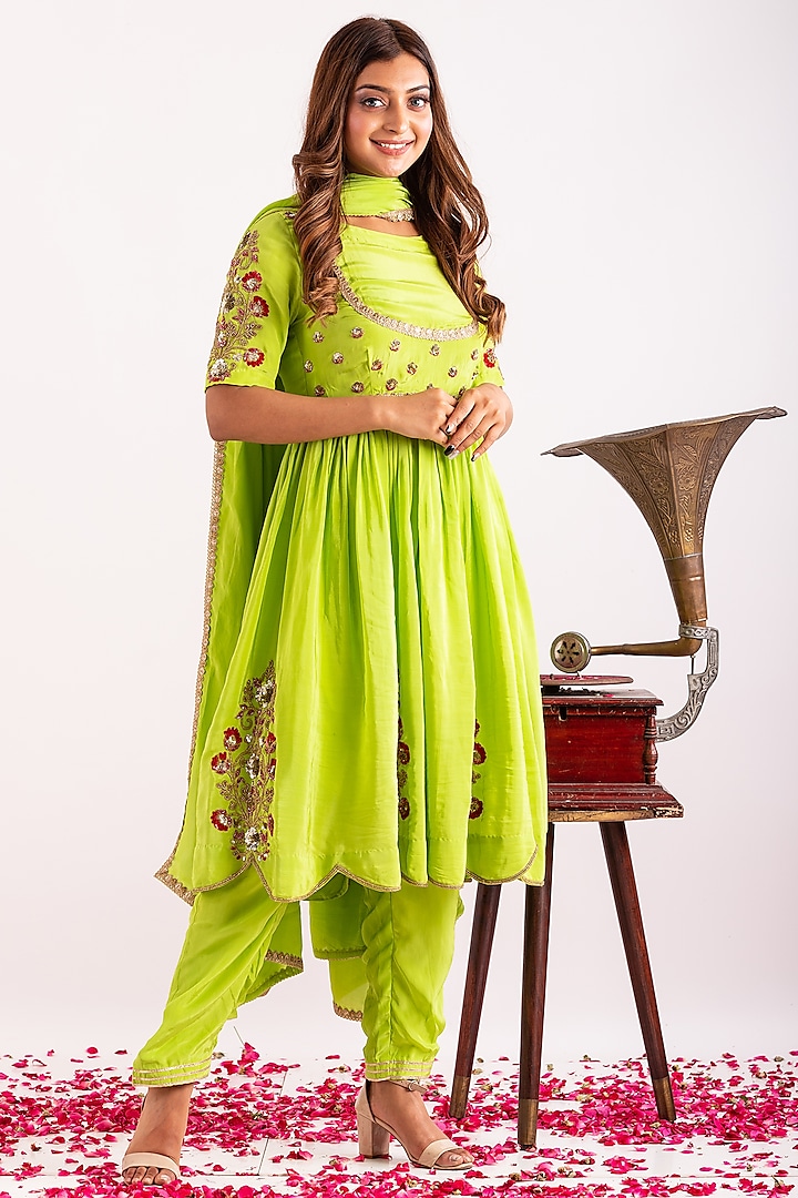 Green Silk Blend Hand & Machine Embroidered Anarkali Set by Kefi Collections