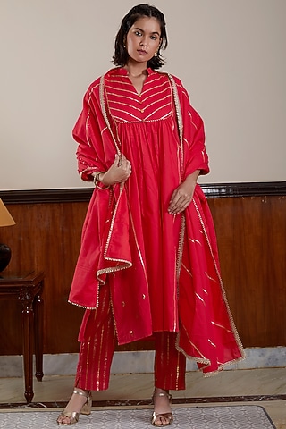 Red Soft Cotton Kurta Set by Kefi Collections
