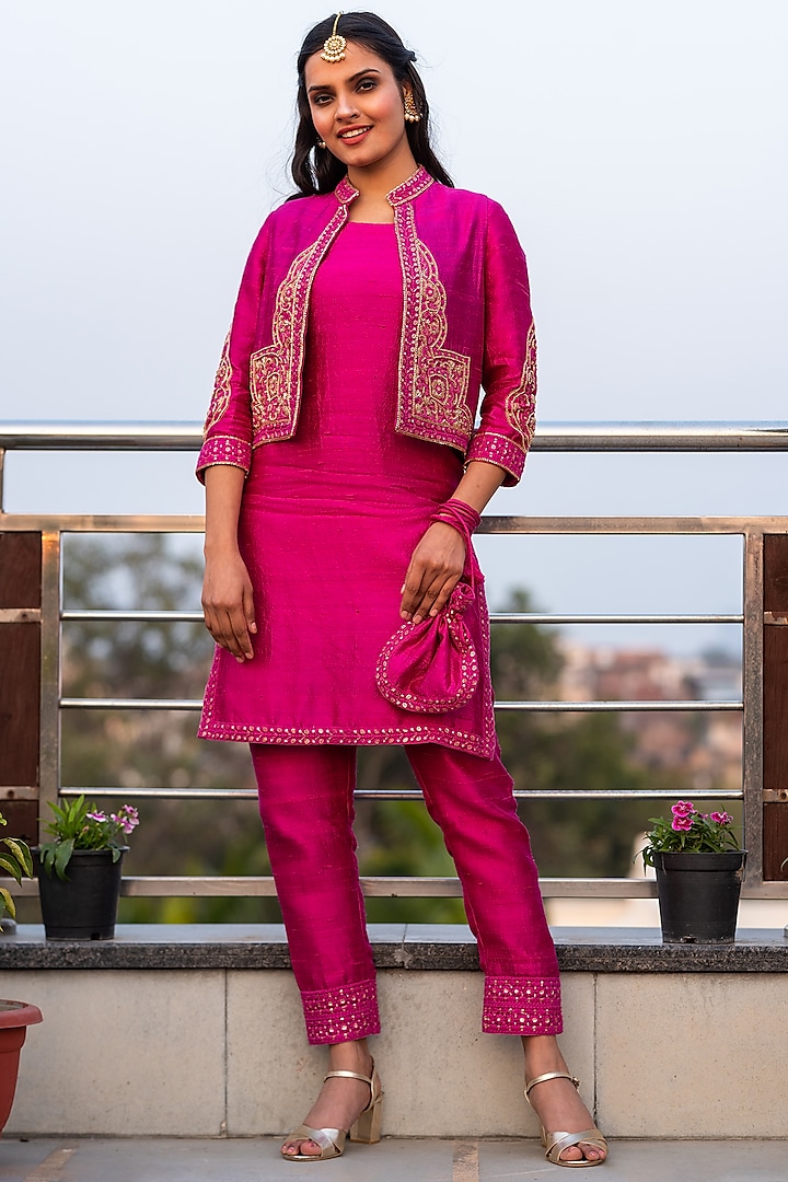 Pink Raw Silk Hand Embroidered Jacket Set by Kefi Collections