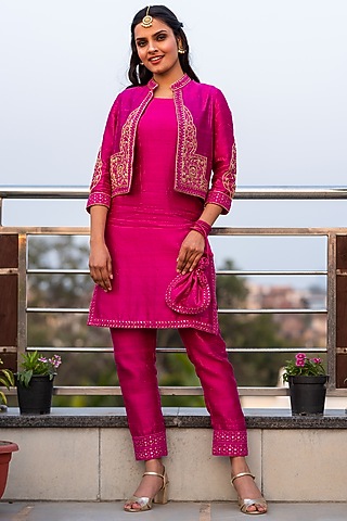 Pink Raw Silk Hand Embroidered Jacket Set by Kefi Collections