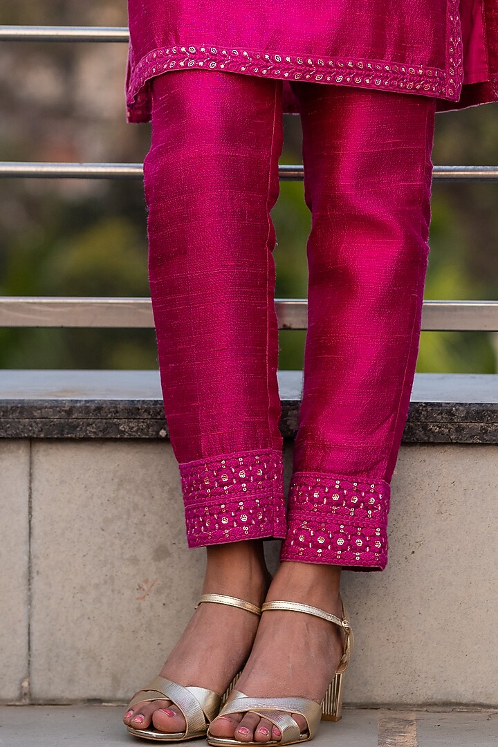 Pink Raw Silk Hand Embroidered Jacket Set by Kefi Collections at Pernia's Pop Up Shop