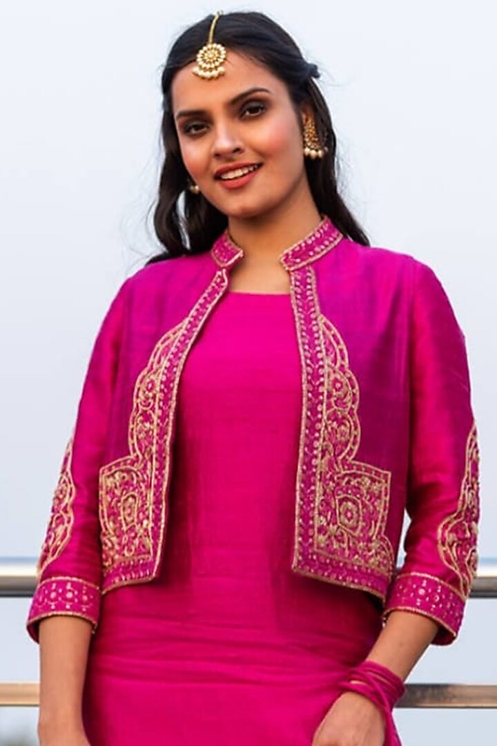 Pink Raw Silk Hand Embroidered Jacket Set by Kefi Collections at Pernia's Pop Up Shop