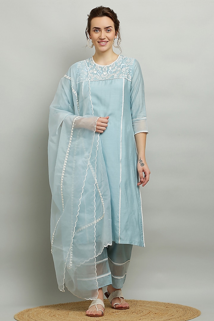 Powder Blue Cotton Chanderi Embroidered Kurta Set by Kefi Collections