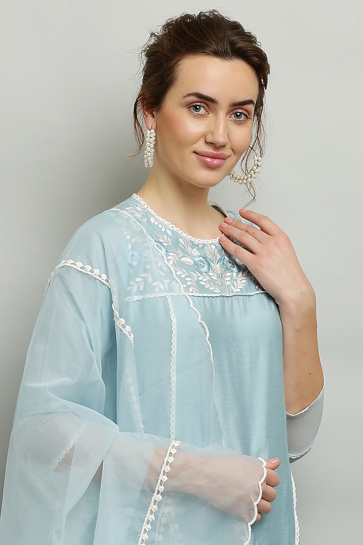 Powder Blue Cotton Chanderi Embroidered Kurta Set by Kefi Collections at Pernia's Pop Up Shop