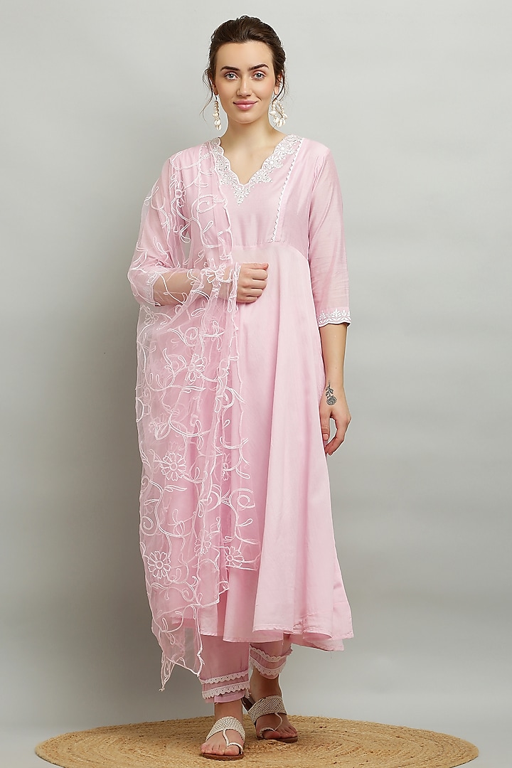 Light Pink Cotton Chanderi Embroidered Anarkali Set by Kefi Collections