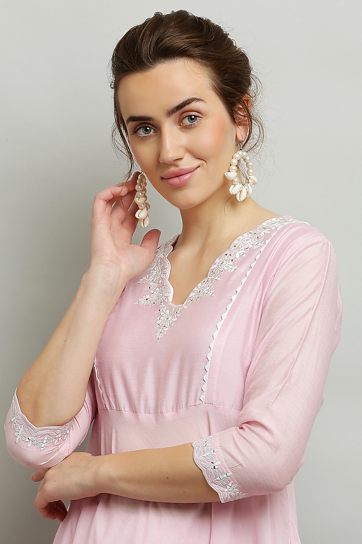 Light Pink Cotton Chanderi Embroidered Anarkali Set by Kefi Collections at Pernia's Pop Up Shop