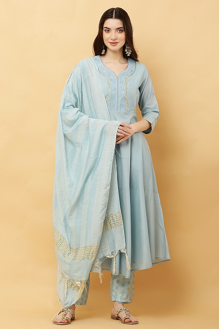 Powder Blue Cotton Chanderi Embroidered Anarkali Set by Kefi Collections
