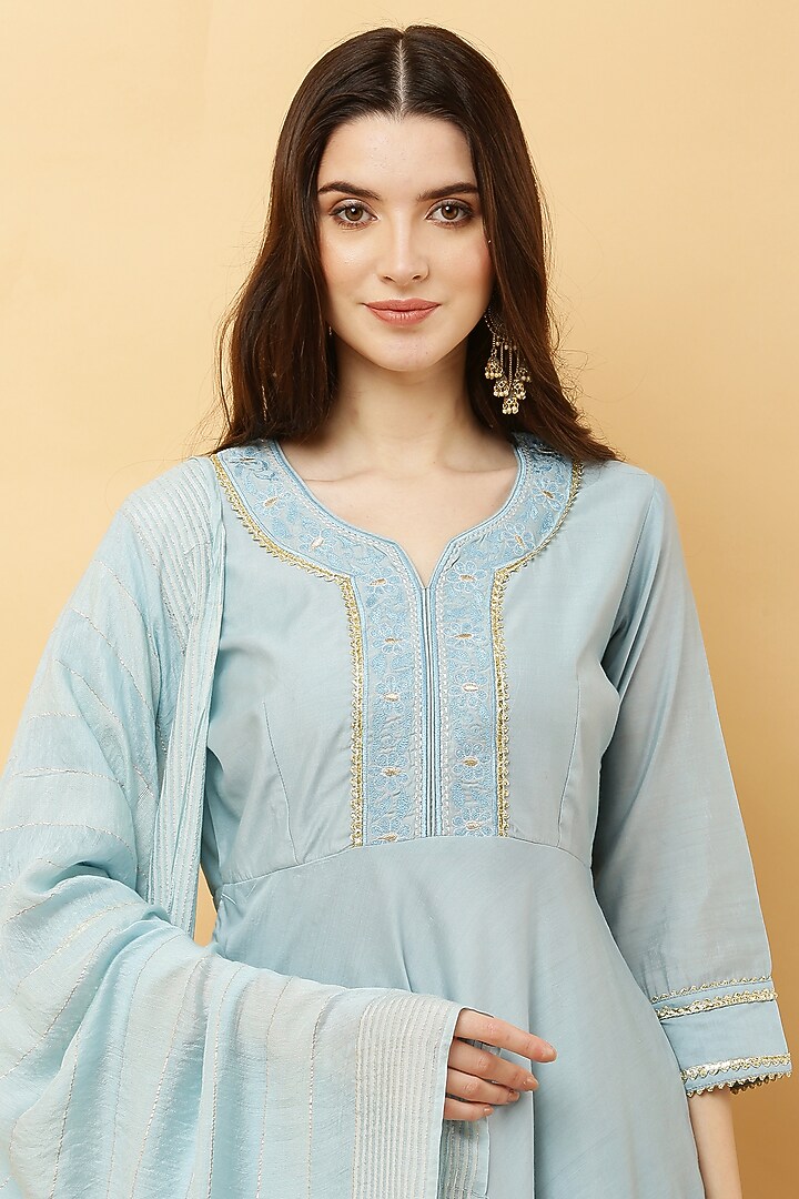 Powder Blue Cotton Chanderi Embroidered Anarkali Set by Kefi Collections at Pernia's Pop Up Shop