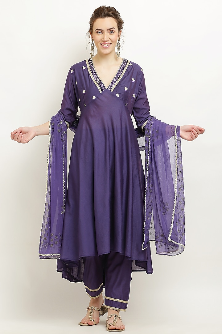 Purple Cotton Chanderi Embroidered Anarkali Set by Kefi Collections