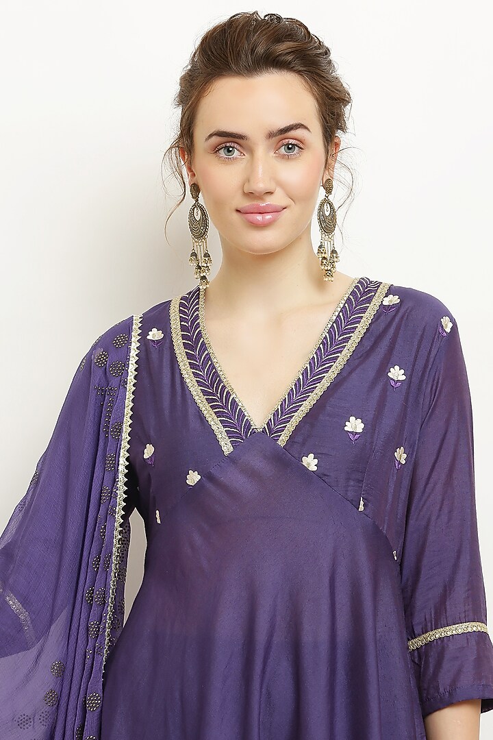 Purple Cotton Chanderi Embroidered Anarkali Set by Kefi Collections at Pernia's Pop Up Shop
