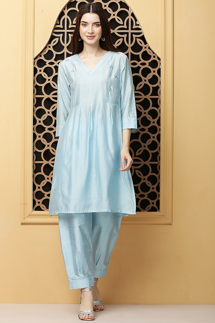 Powder Blue Cotton Chanderi Embroidered Kurta Set by Kefi Collections