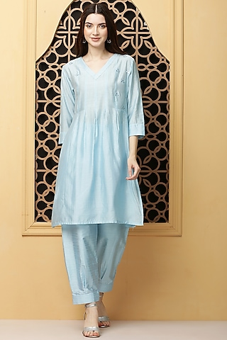Powder Blue Cotton Chanderi Embroidered Kurta Set by Kefi Collections