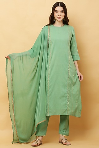 Sea Green Cotton Lurex Kurta Set by Kefi Collections