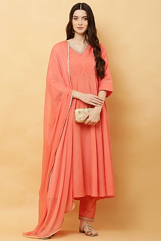 Peach Cotton lurex Anarkali Set by Kefi Collections