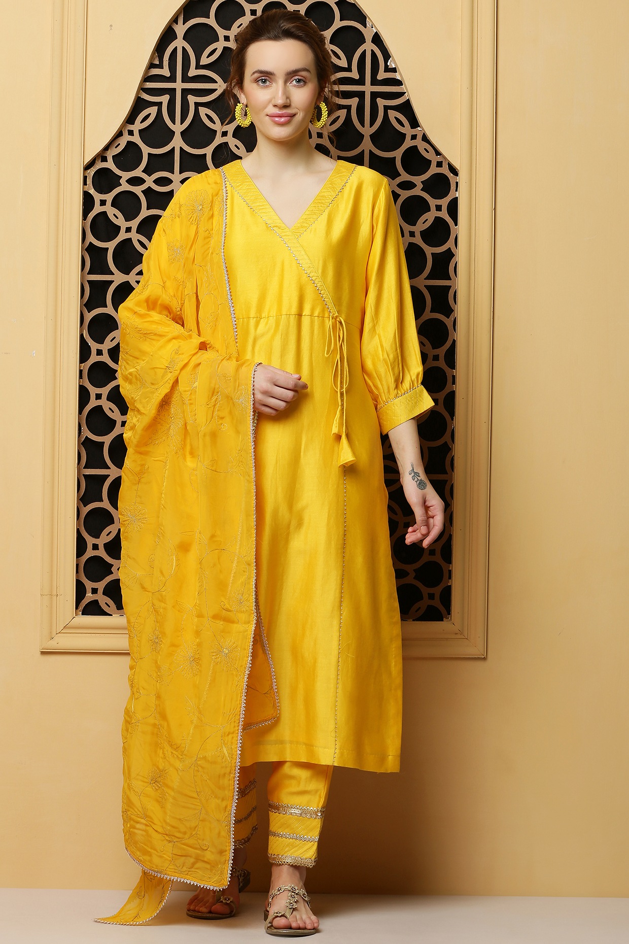 Yellow Angrakha Style Long Kurti In Cotton 901KR04
