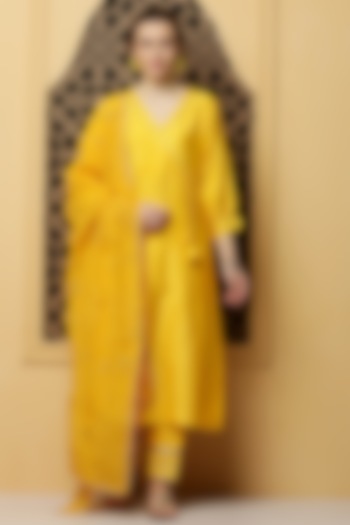 Yellow Silk Chanderi Angrakha Kurta Set by Kefi Collections