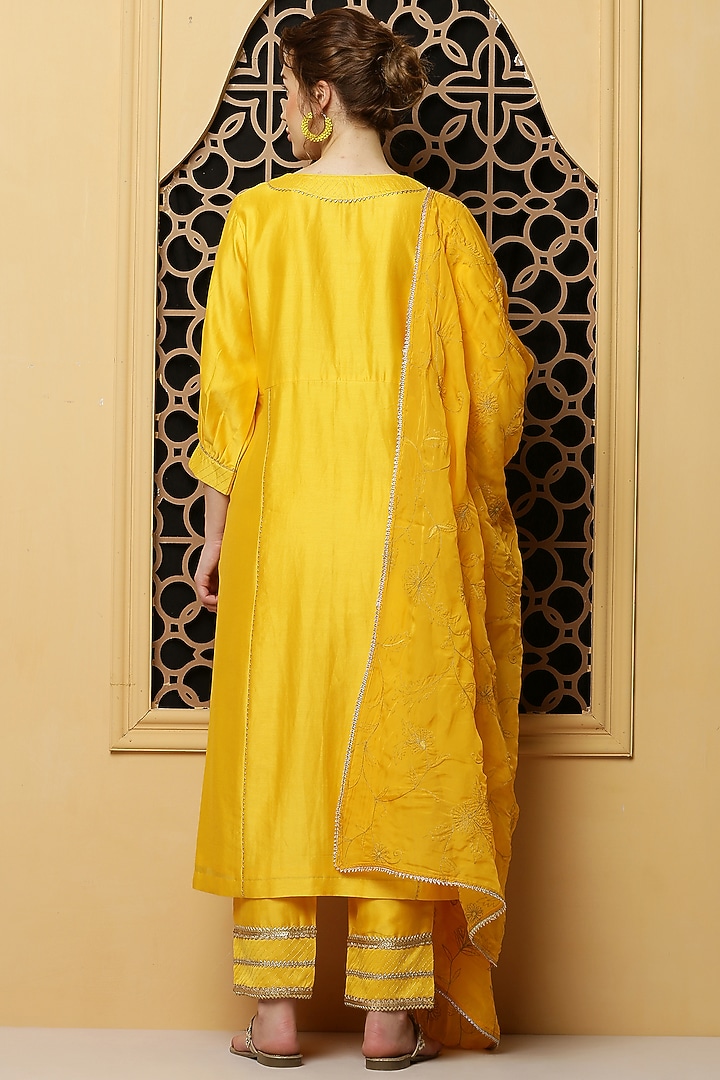 Yellow Silk Chanderi Angrakha Kurta Set by Kefi Collections at Pernia's Pop Up Shop