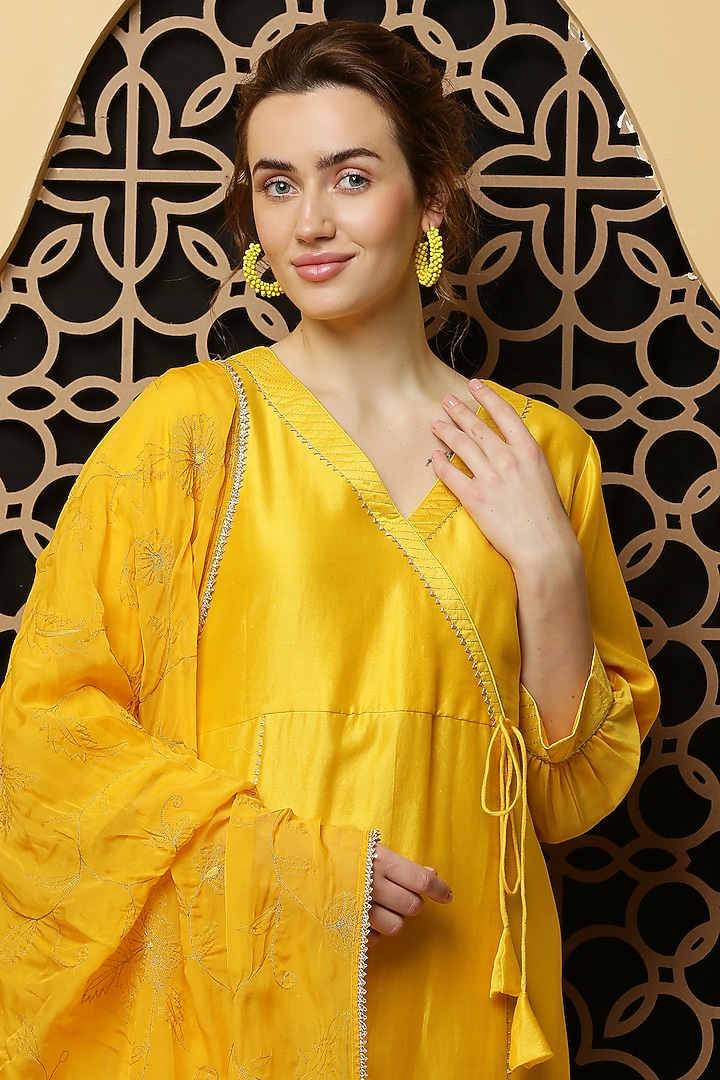 Yellow Silk Chanderi Angrakha Kurta Set by Kefi Collections at Pernia's Pop Up Shop