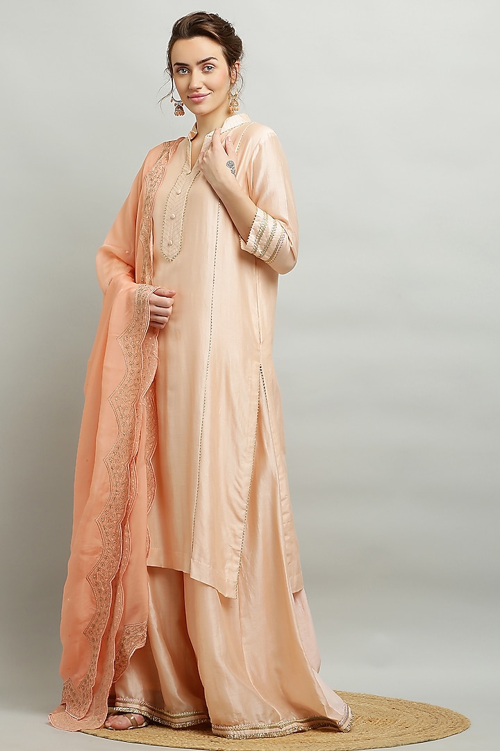Peach Silk Chanderi Sharara Set by Kefi Collections