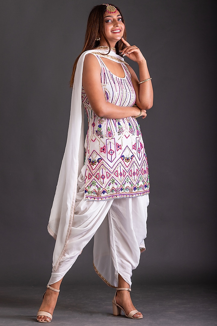 White Viscose Crepe Dhoti Set by Kefi Collections