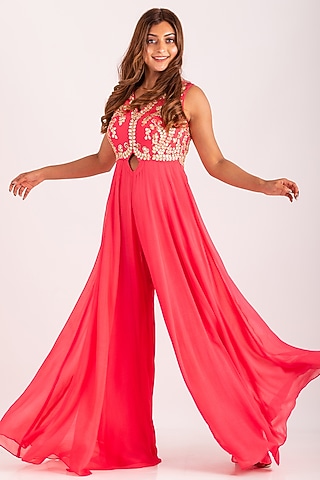 Pink Georgette Embroidered Jumpsuit by Kefi Collections