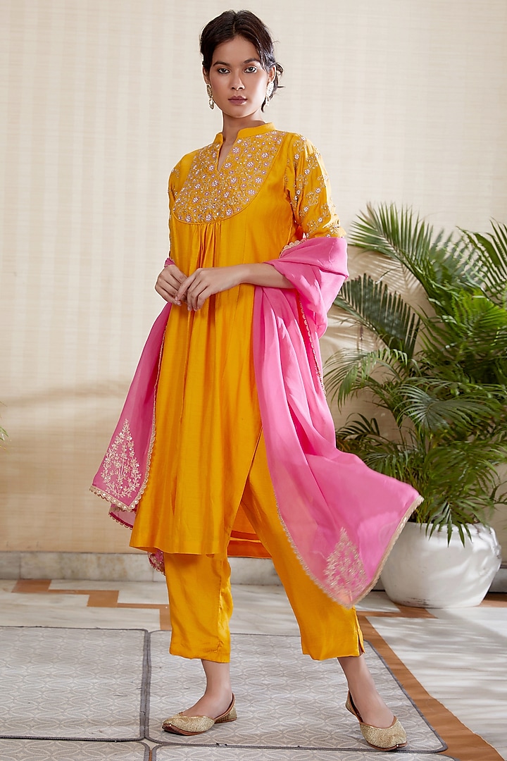 Yellow Embroidered Kurta Set by Kefi Collections