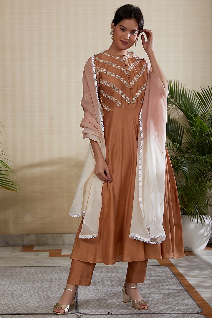 Beige A-Line Embroidered Kurta Set by Kefi Collections