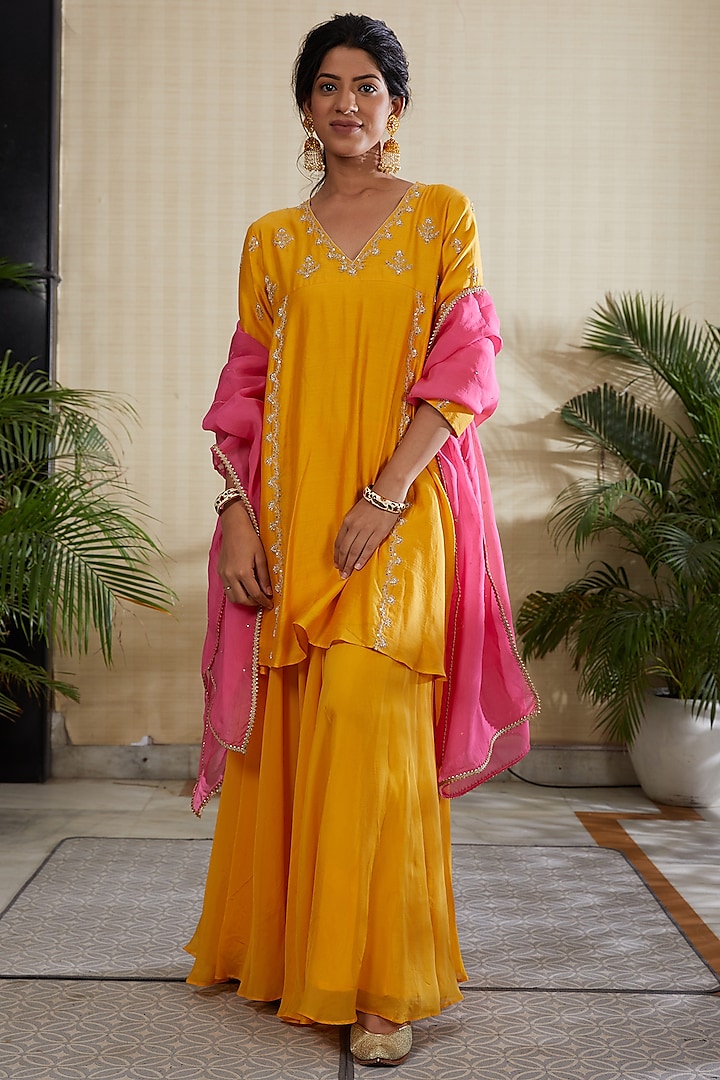 Yellow Silk Chanderi Sharara Set by Kefi Collections