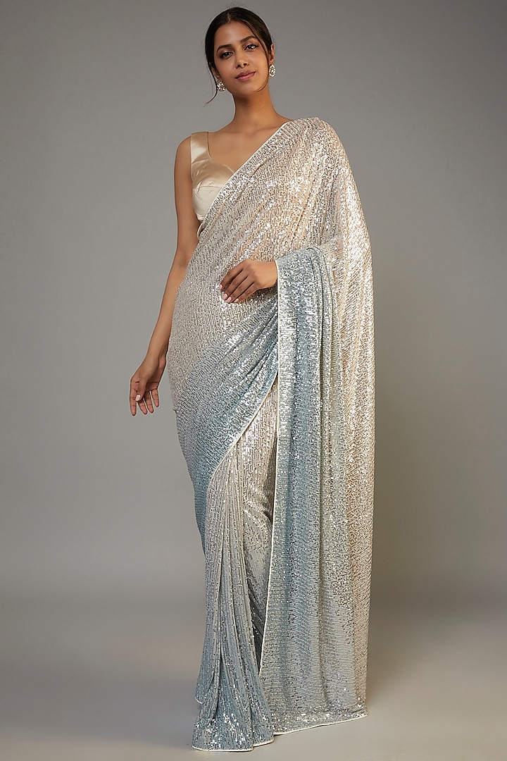 Silver & Light Blue Net Embroidered Saree Set by Kashmiraa