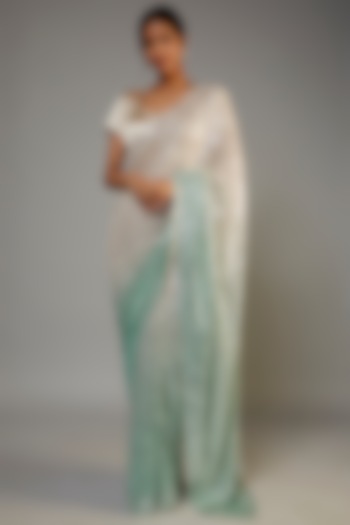 Silver & Turquoise Net Embroidered Saree Set by Kashmiraa