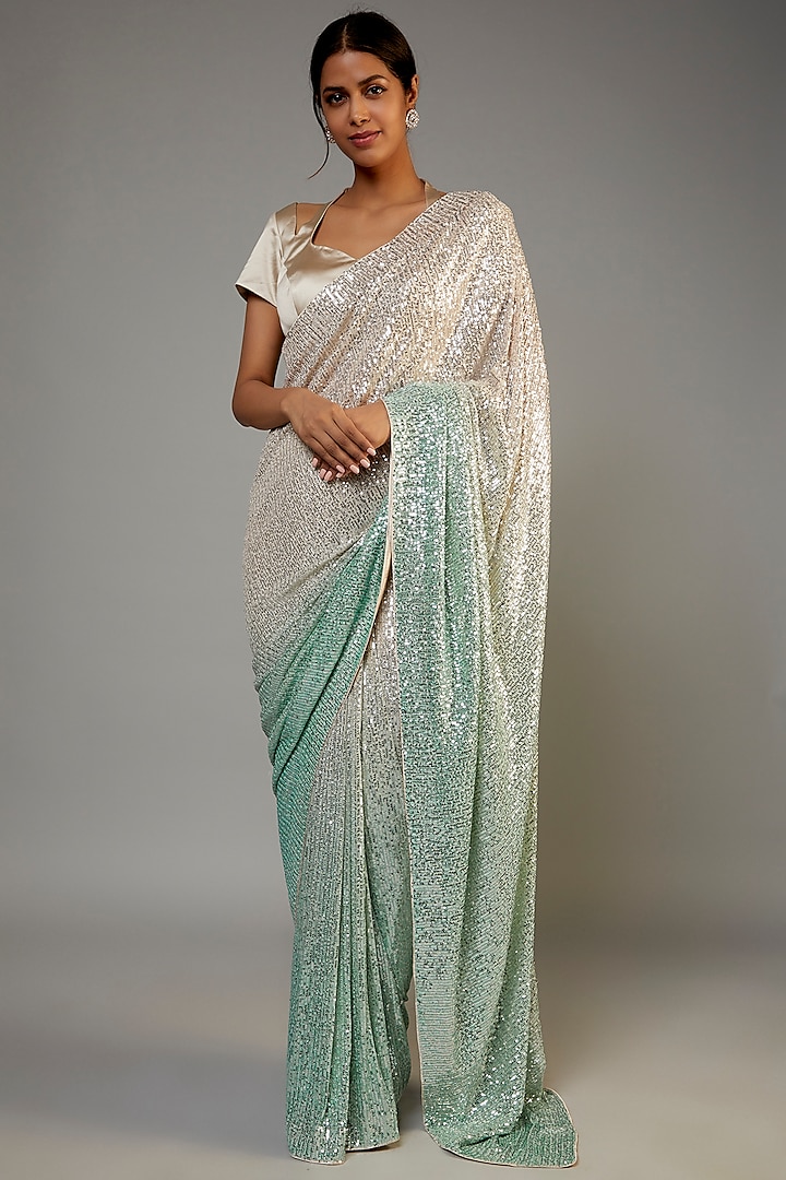 Silver & Turquoise Net Embroidered Saree Set by Kashmiraa