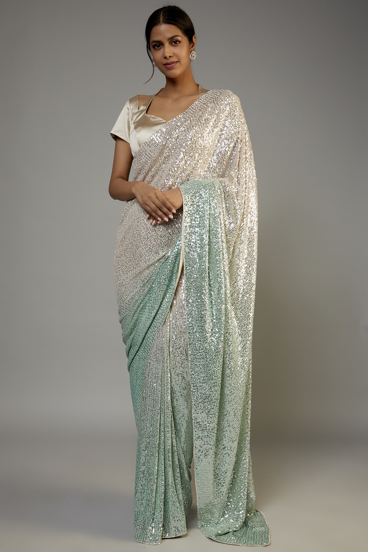 Silver & Turquoise Net Embroidered Saree Set by Kashmiraa