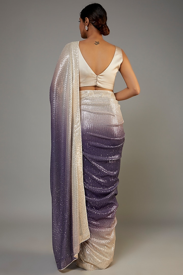Silver & Dark Purple Net Embroidered Wedding Saree Set by Kashmiraa at Pernia's Pop Up Shop