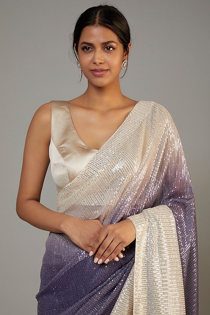 Silver & Dark Purple Net Embroidered Wedding Saree Set by Kashmiraa at Pernia's Pop Up Shop