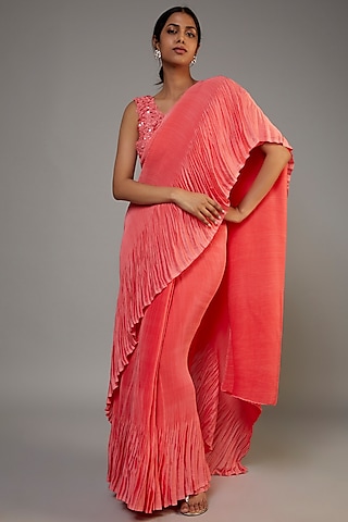Peach Satin Georgette Pleated Saree Set by Kashmiraa