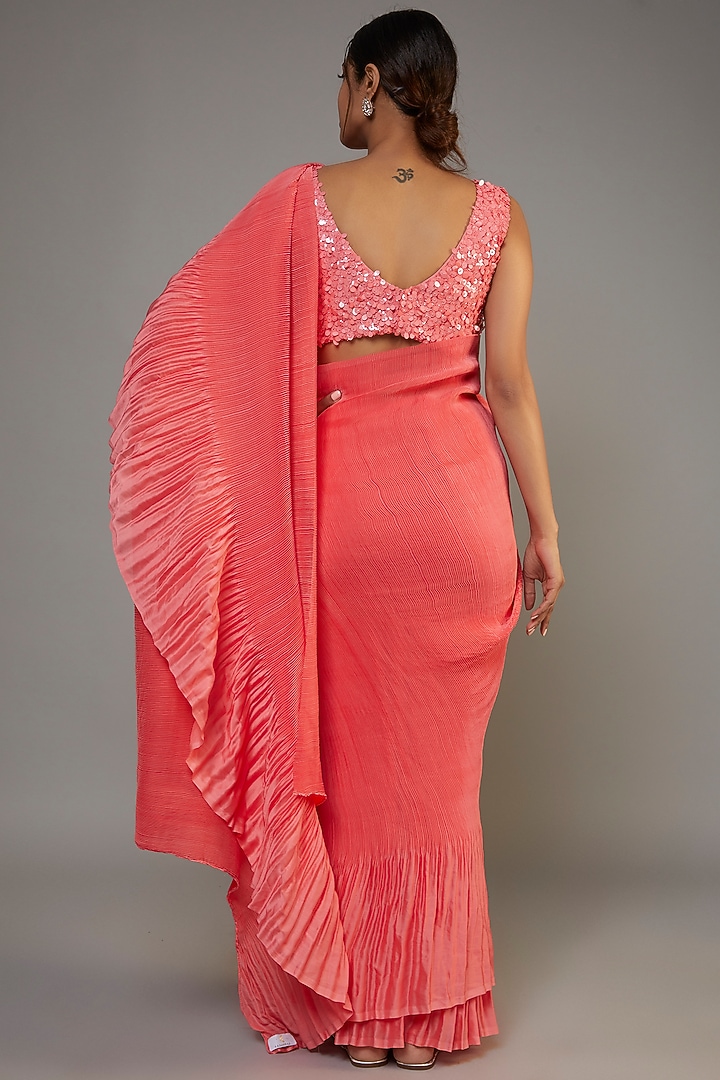 Peach Satin Georgette Pleated Wedding Saree Set by Kashmiraa at Pernia's Pop Up Shop