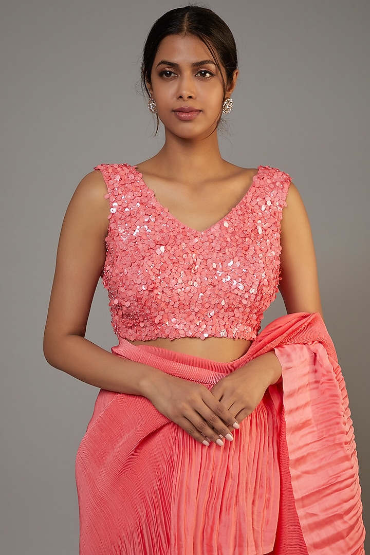 Peach Satin Georgette Pleated Wedding Saree Set by Kashmiraa at Pernia's Pop Up Shop