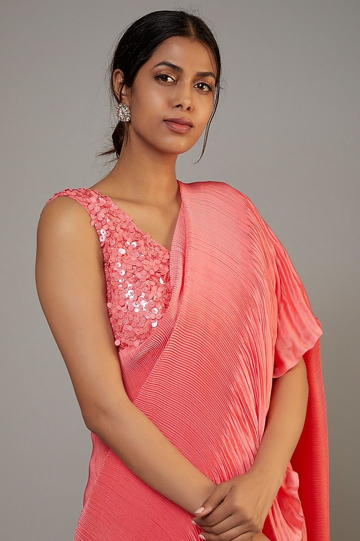 Peach Satin Georgette Pleated Wedding Saree Set by Kashmiraa at Pernia's Pop Up Shop
