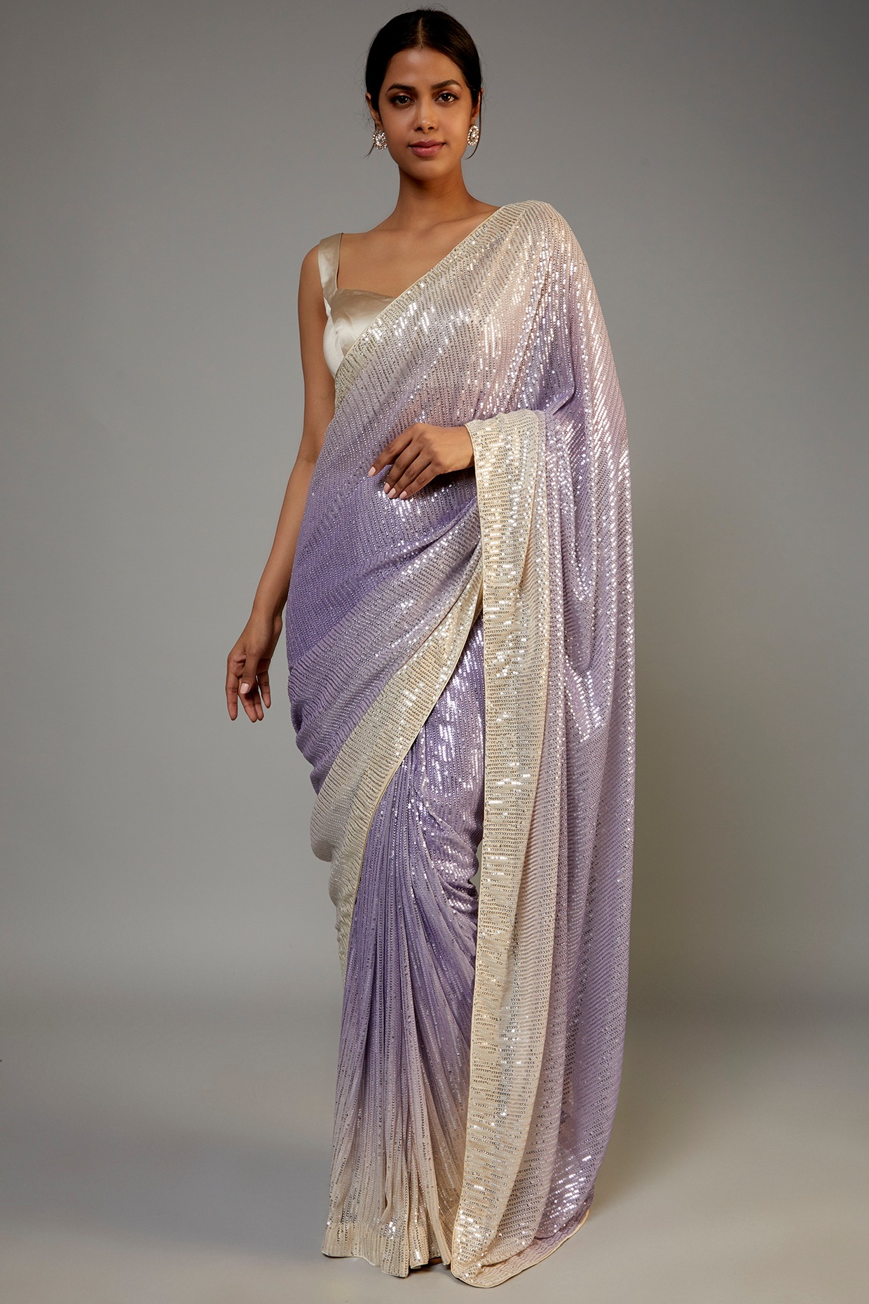 Georgette Lavendar Mirror Work Saree With Blouse