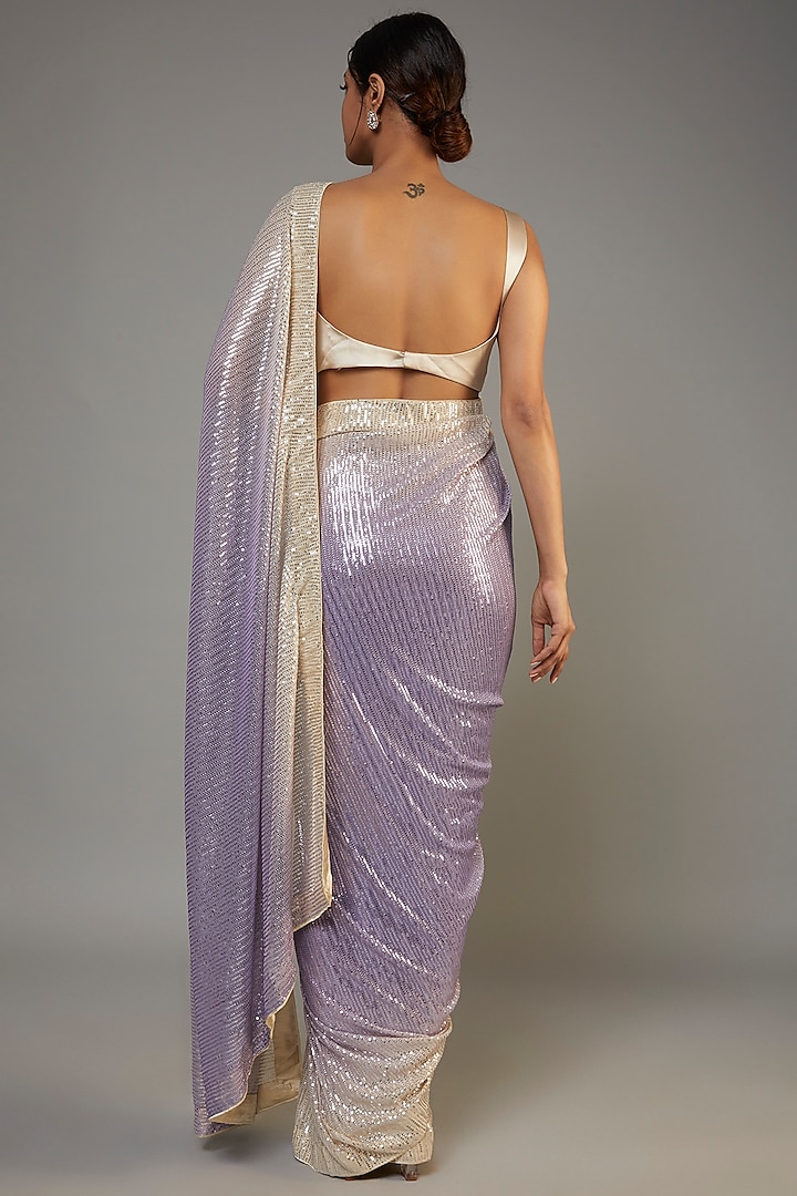 Light Purple Satin Georgette Sequined Wedding Saree Set by Kashmiraa at Pernia's Pop Up Shop