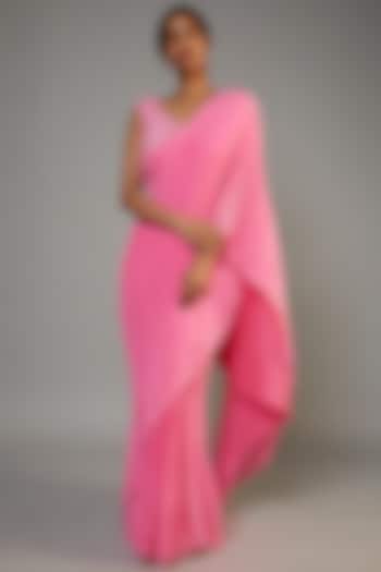 Pink Satin Georgette Pleated Saree Set by Kashmiraa