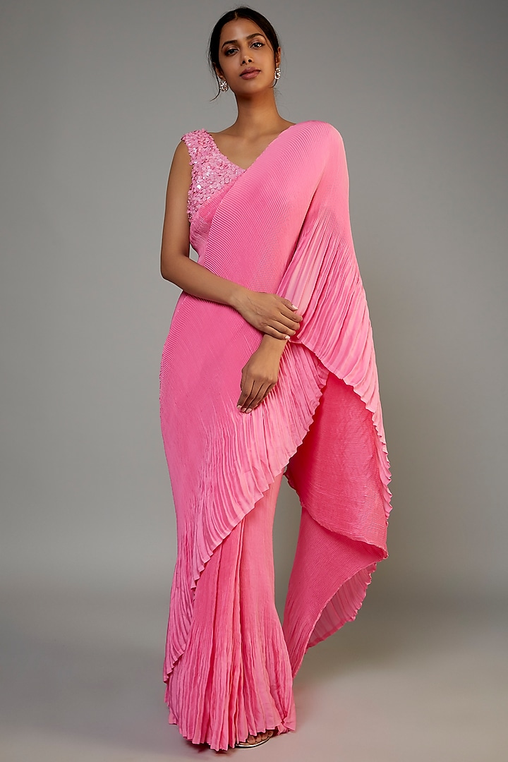 Pink Satin Georgette Pleated Saree Set by Kashmiraa