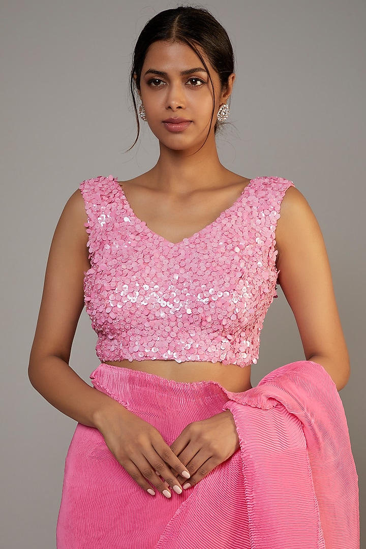 Pink Satin Georgette Pleated Wedding Saree Set by Kashmiraa at Pernia's Pop Up Shop